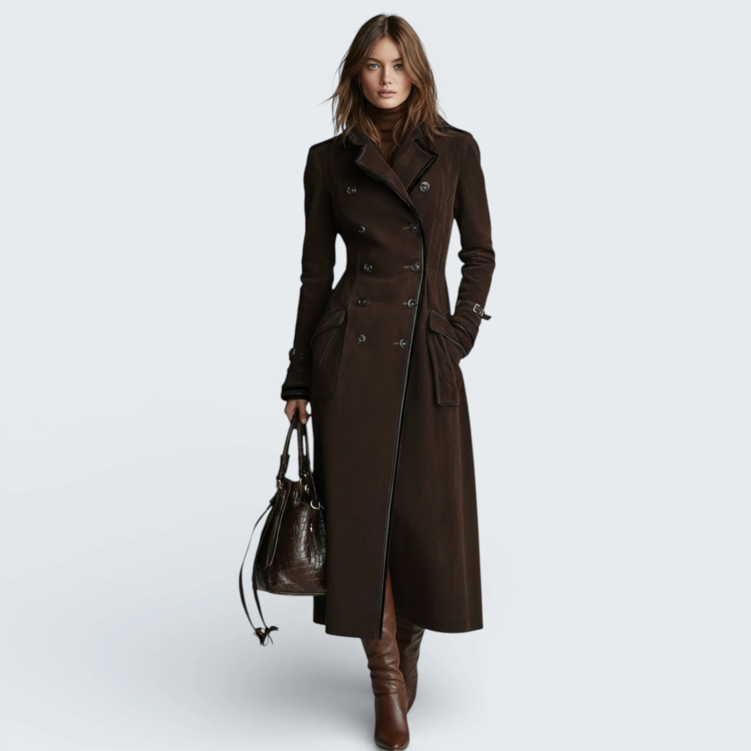 Trench-Coat Long Effet Daim avec Liserés Contrastants - Gabardine Élégante à Double Boutonnage