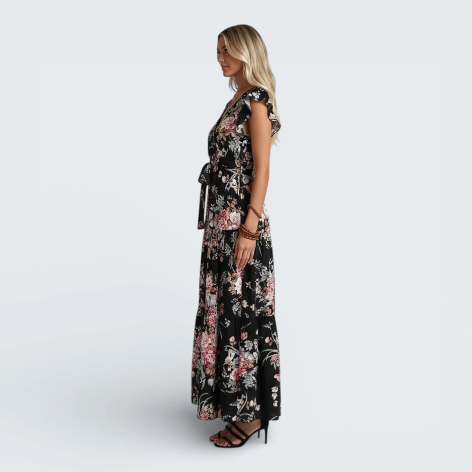 Robe Maxi Bohème à Imprimé Floral Sombre - Robe Longue Étagée avec Décolleté en V
