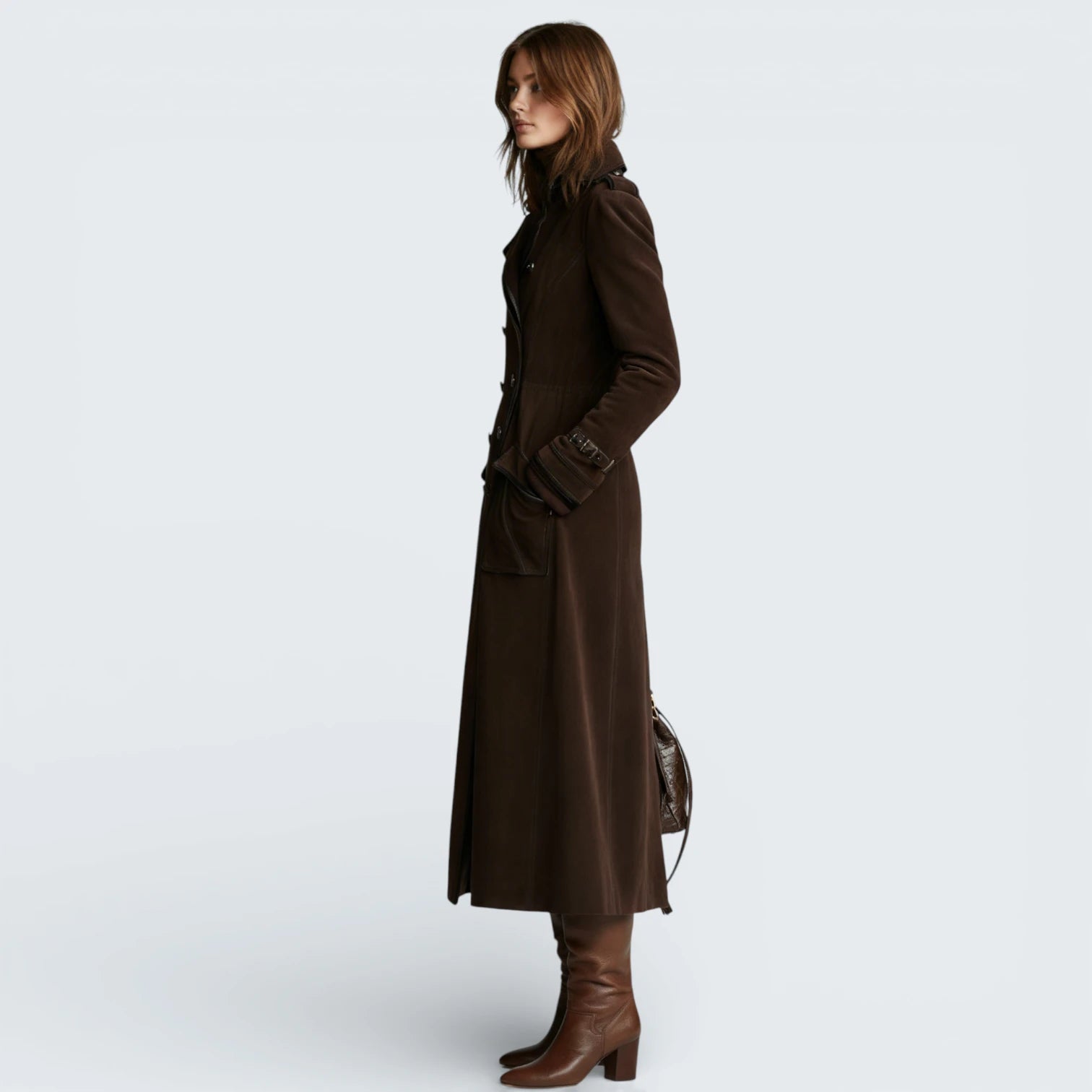 Trench-Coat Long Effet Daim avec Liserés Contrastants - Gabardine Élégante à Double Boutonnage