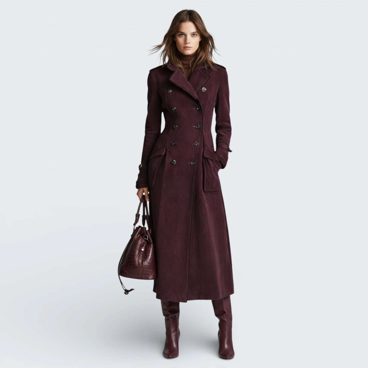 Trench-Coat Long Effet Daim avec Liserés Contrastants - Gabardine Élégante à Double Boutonnage