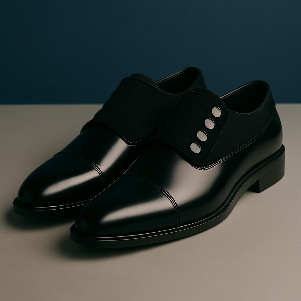 Noir Prestige – Zwarte Lederschuhe mit runder Kappe und Knopfverschluss