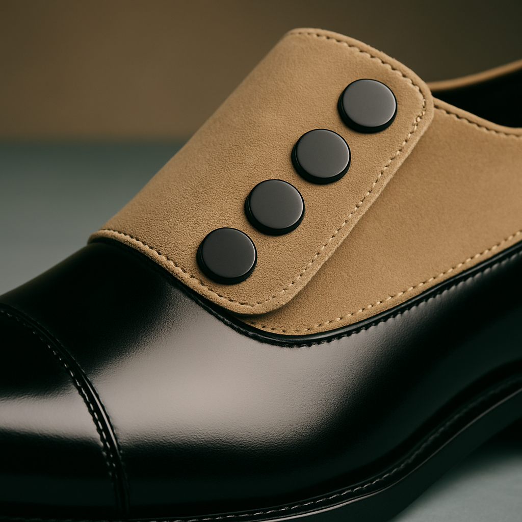 Noir Élite – Zwarte Lederschuhe mit Sandbeige-Akzent und Knopfverschluss