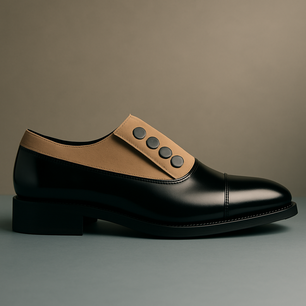 Noir Élite – Zwarte Lederschuhe mit Sandbeige-Akzent und Knopfverschluss