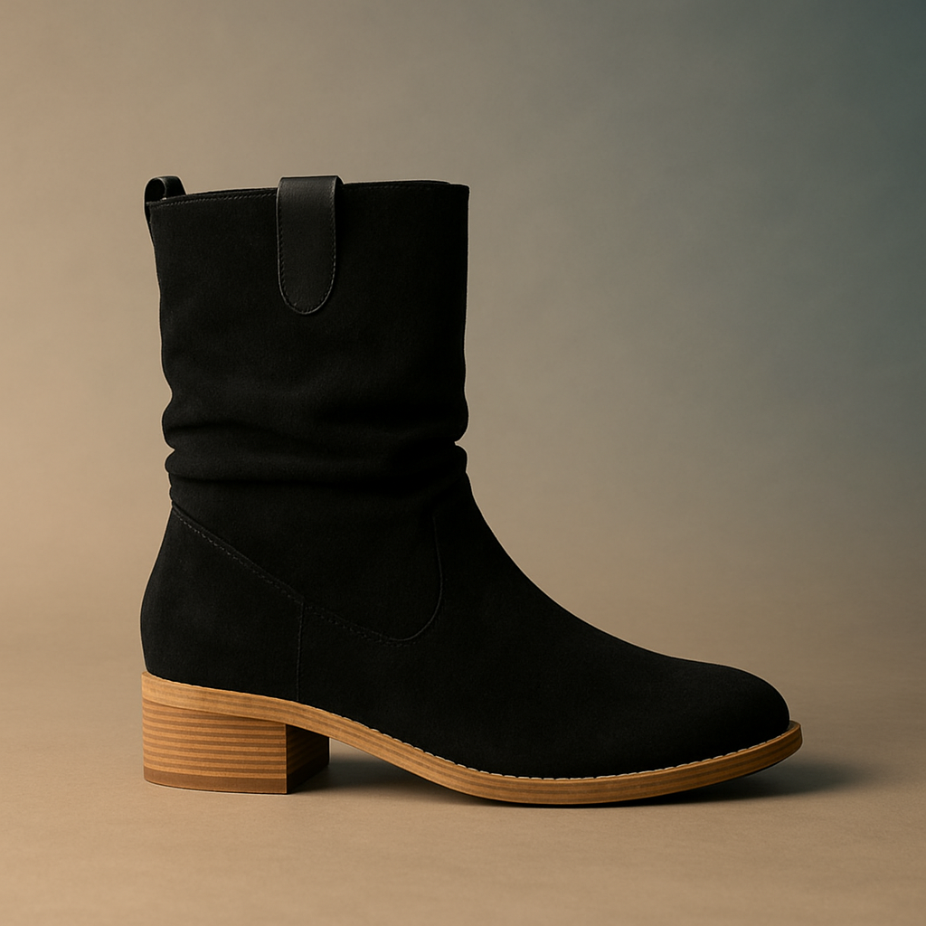 Élégance Minimaliste – Bottines en Daim Noir à Talons Bloc