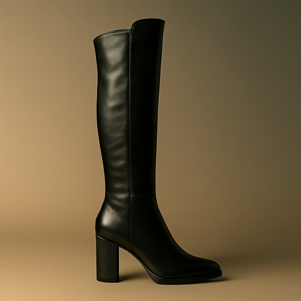 Elegantes Schwarz – Kniehohe Lederstiefel mit Blockabsatz