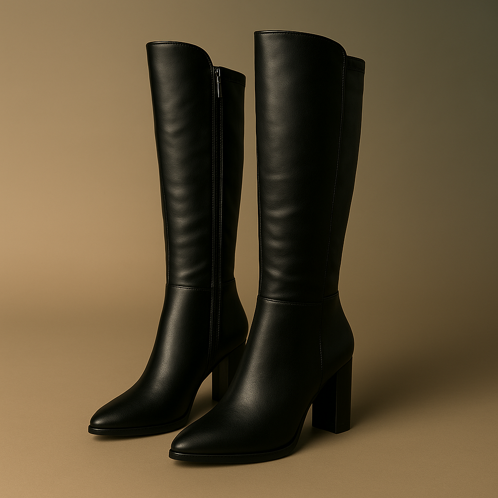 Elegantes Schwarz – Kniehohe Lederstiefel mit Blockabsatz