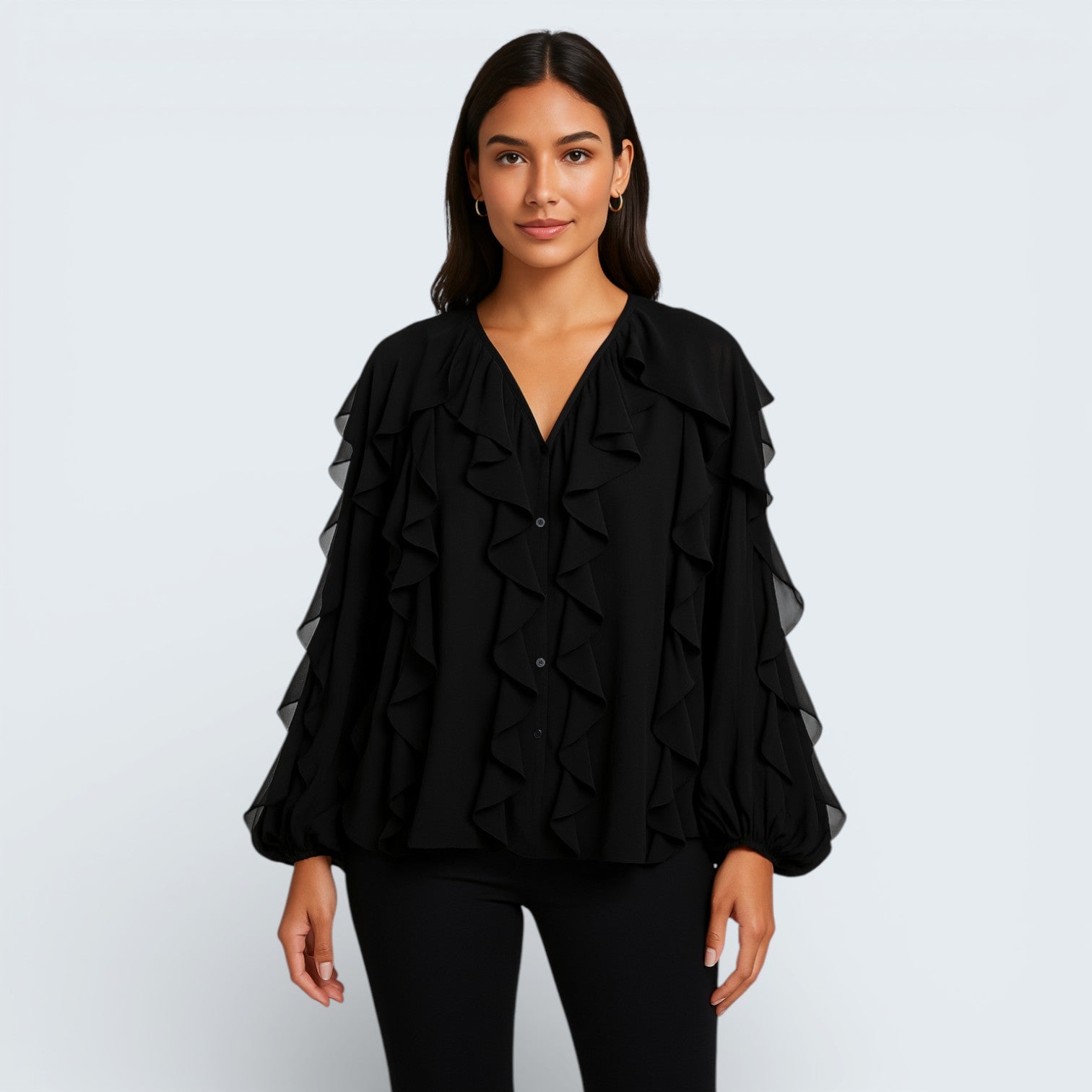 Blouse Élégante en Mousseline à Volants - Chemisier Romantique avec Manches Bouffantes