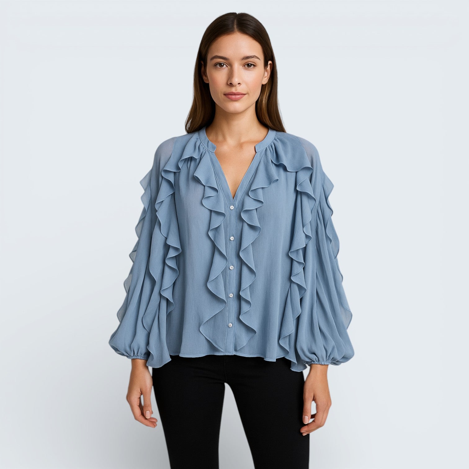 Blouse Élégante en Mousseline à Volants - Chemisier Romantique avec Manches Bouffantes
