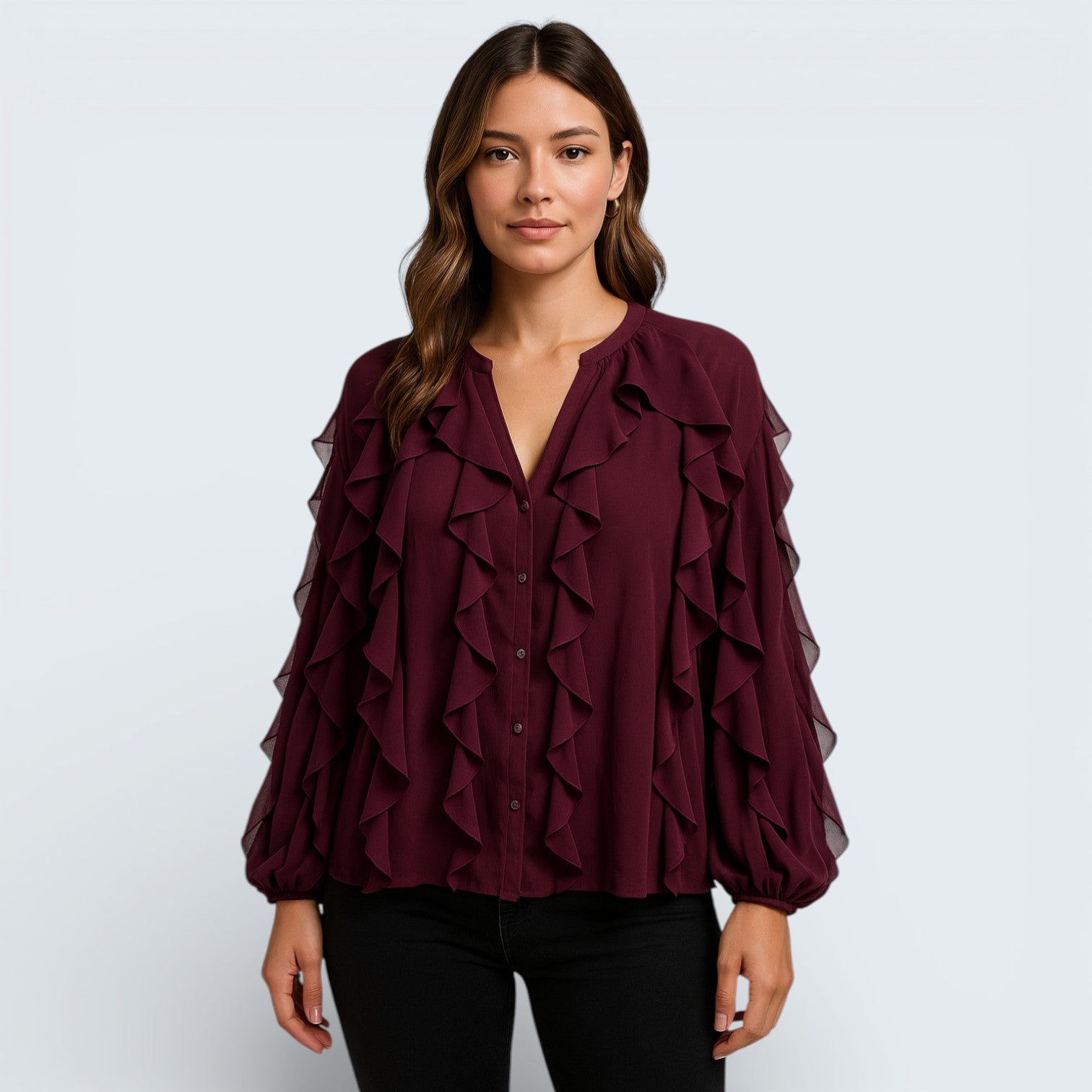 Blouse Élégante en Mousseline à Volants - Chemisier Romantique avec Manches Bouffantes