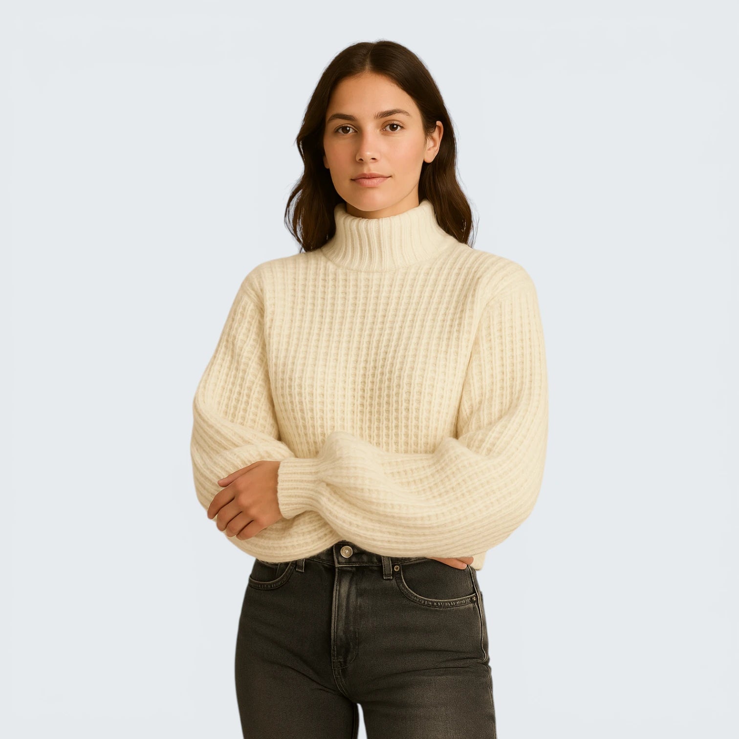 Pull Oversize à Col Montant en Maille Côtelée - Tricot Douillet à Manches Bouffantes