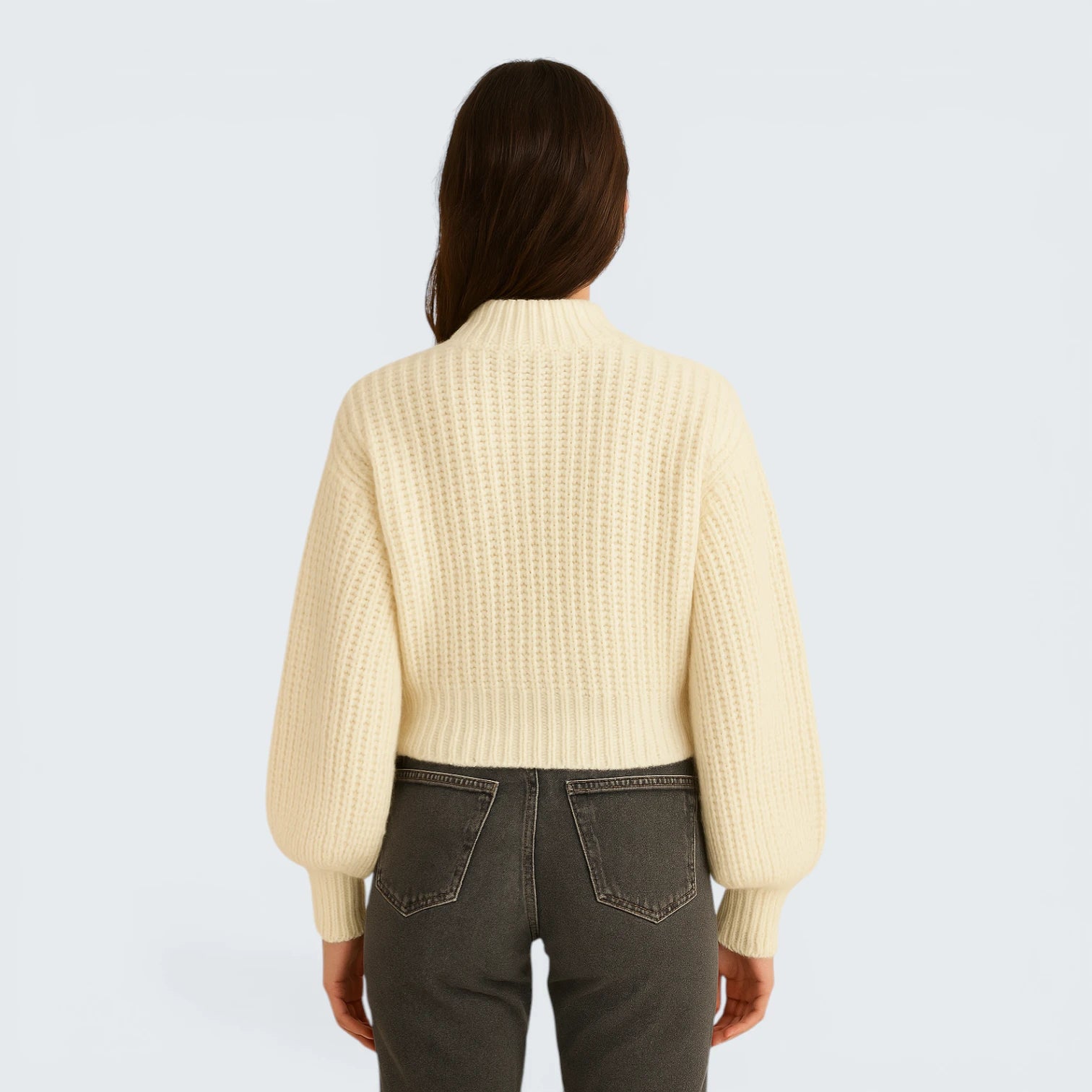 Pull Oversize à Col Montant en Maille Côtelée - Tricot Douillet à Manches Bouffantes