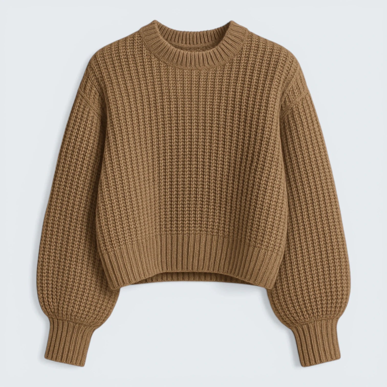 Pull Oversize à Col Montant en Maille Côtelée - Tricot Douillet à Manches Bouffantes