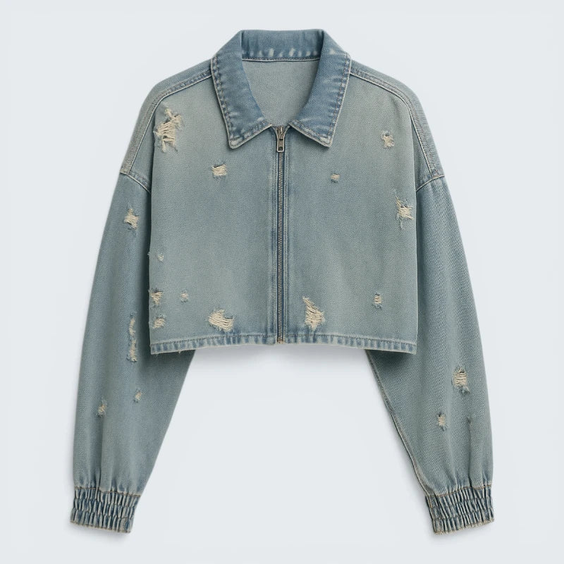 Veste en Jean Courte Style Vintage - Blouson Denim Bleu Clair avec Effet Usé