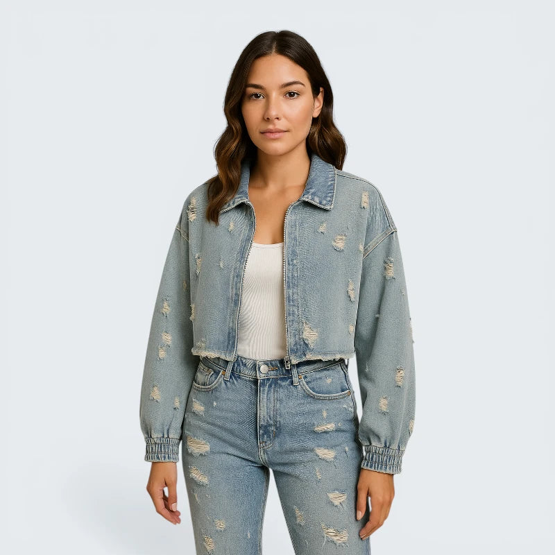 Veste en Jean Courte Style Vintage - Blouson Denim Bleu Clair avec Effet Usé