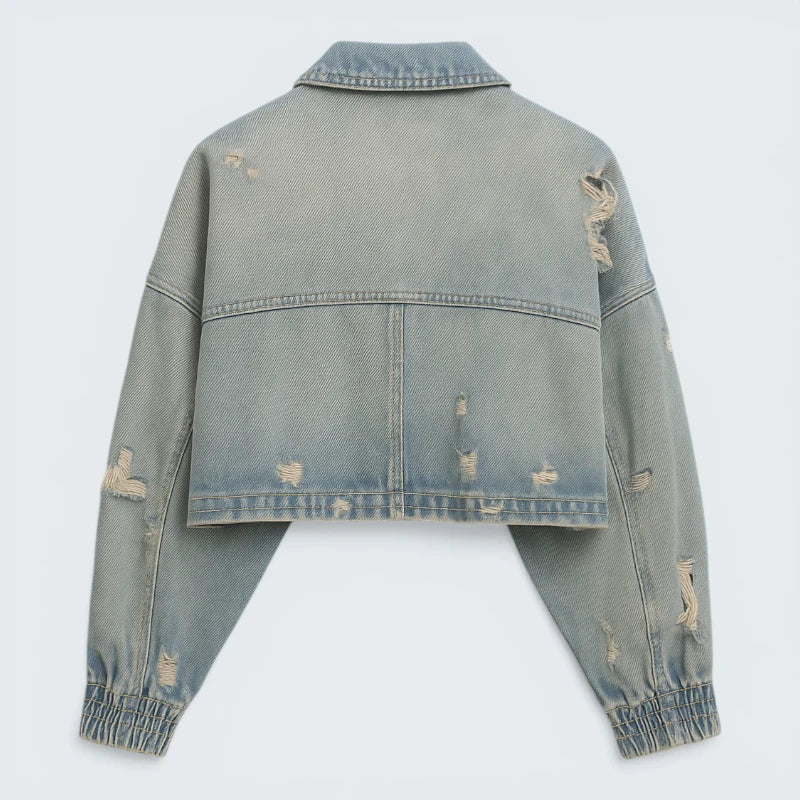Veste en Jean Courte Style Vintage - Blouson Denim Bleu Clair avec Effet Usé