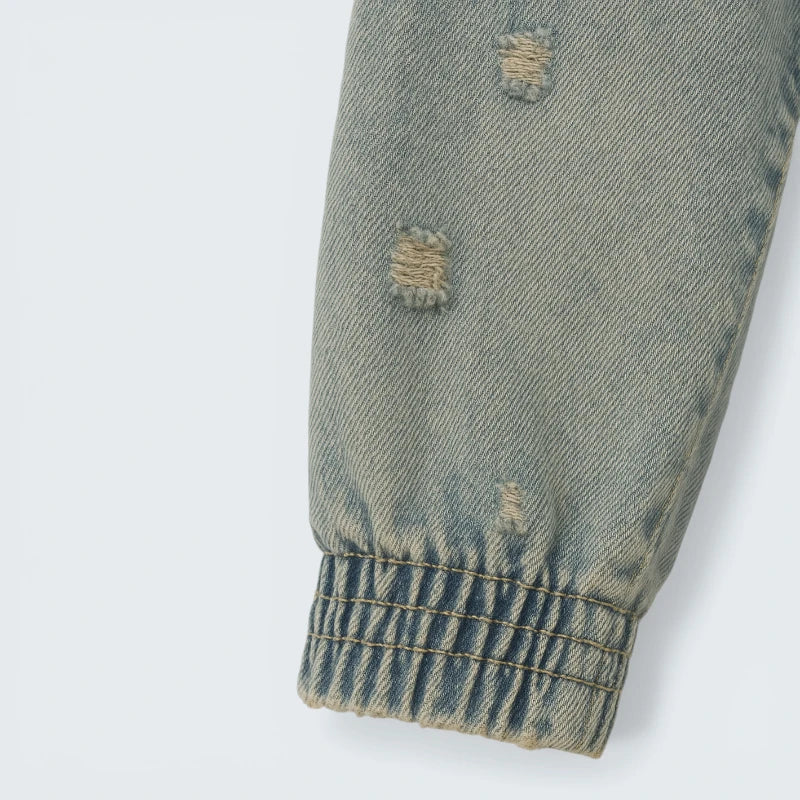 Veste en Jean Courte Style Vintage - Blouson Denim Bleu Clair avec Effet Usé