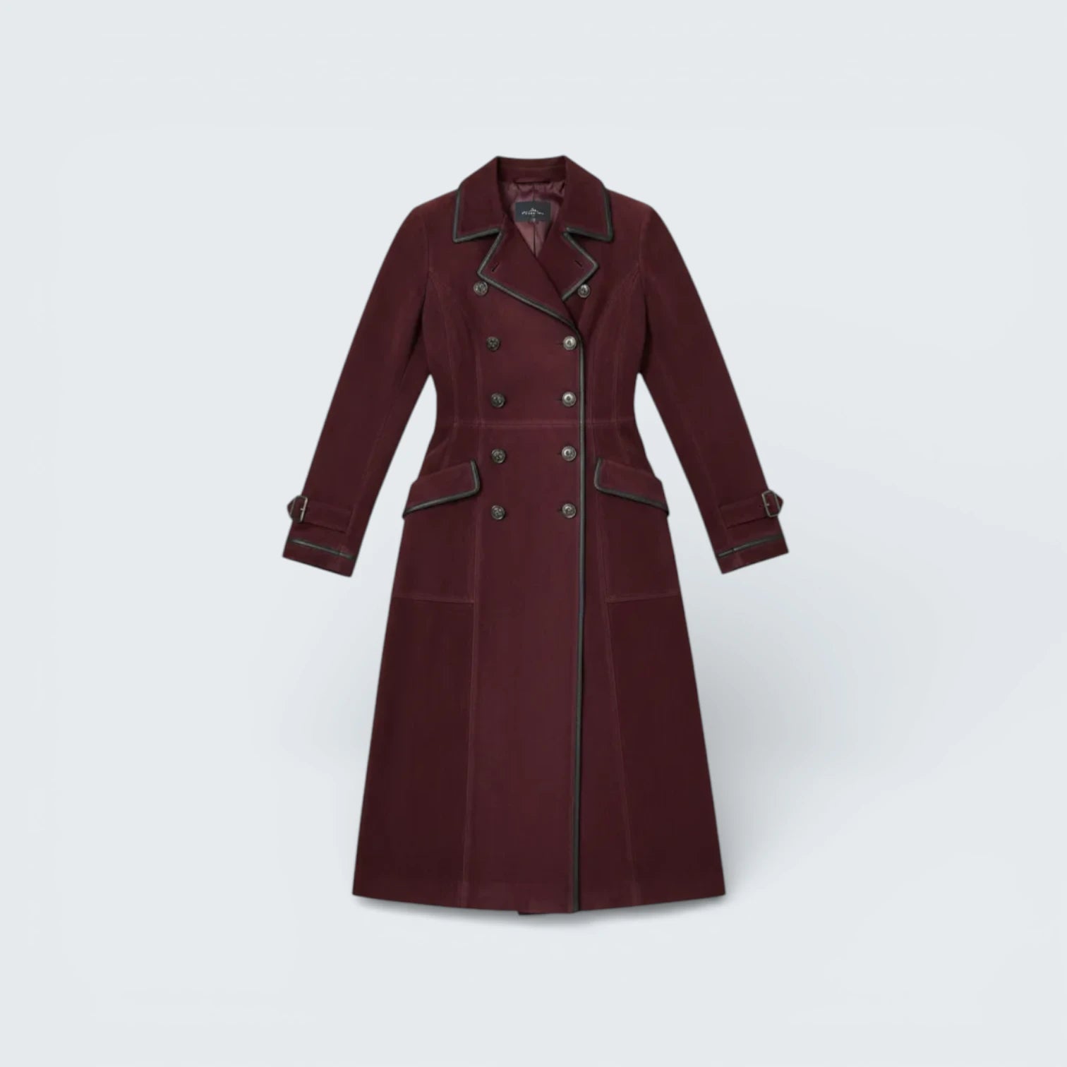 Trench-Coat Long Effet Daim avec Liserés Contrastants - Gabardine Élégante à Double Boutonnage