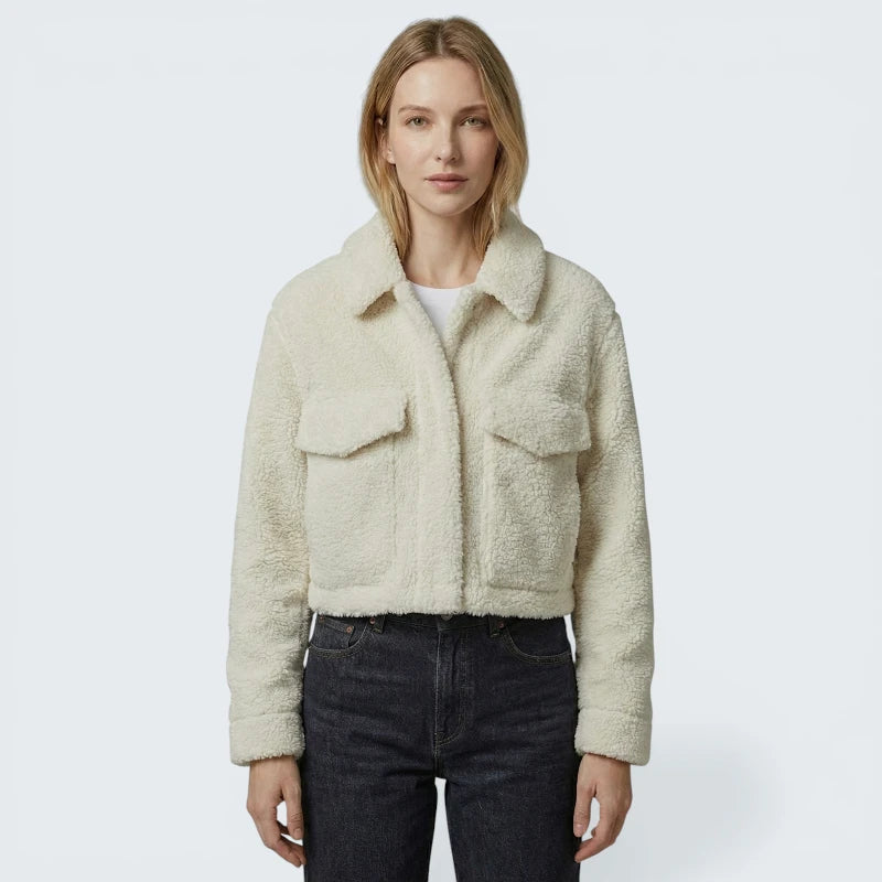 Veste Courte en Moumoute Style Chemise - Blouson Teddy Douillet à Poches Poitrine