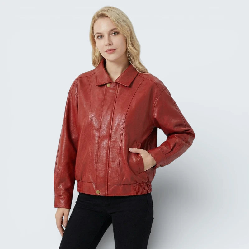 Blouson Bomber Effet Cuir Rouge - Veste Rétro avec Finitions Élastiques
