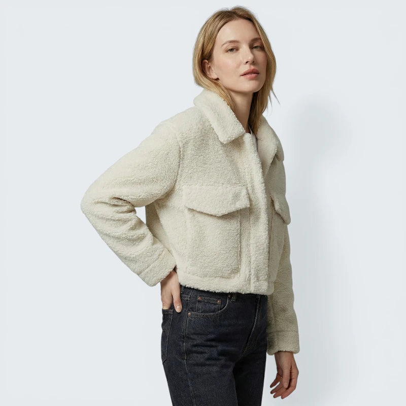 Veste Courte en Moumoute Style Chemise - Blouson Teddy Douillet à Poches Poitrine