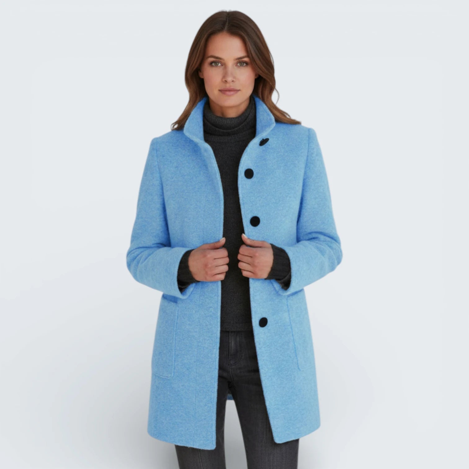Manteau Midi Effet Laine avec Col Montant - Caban Élégant aux Boutons Contrastés