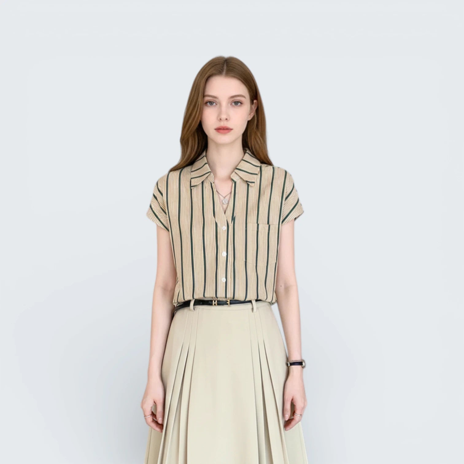 Blouse à Rayures Verticales Style Rétro - Chemisier Fluide à Col Revers