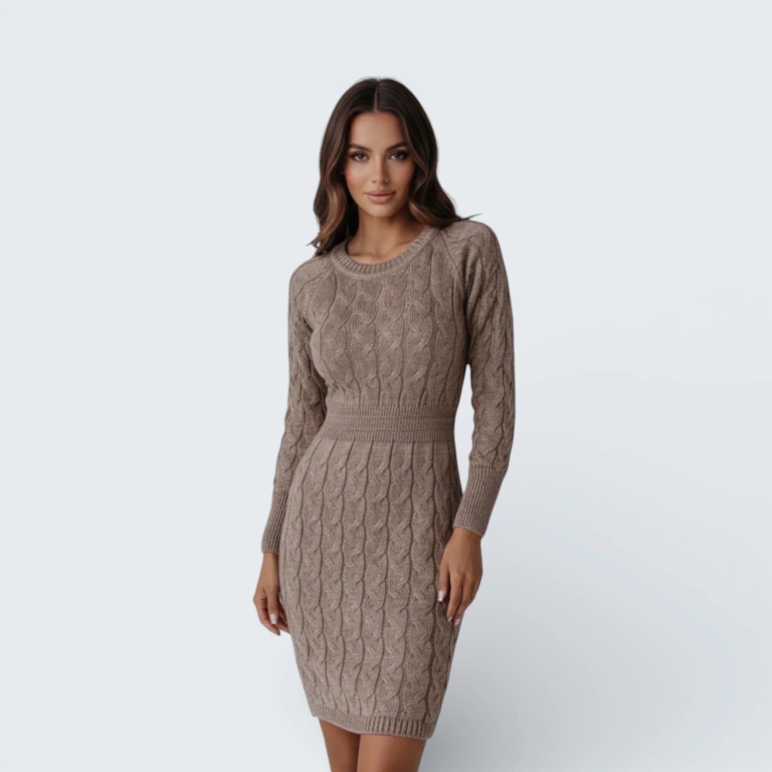 Robe Pull Ajustée en Maille Torsadée - Robe Courte Élégante à Col Rond