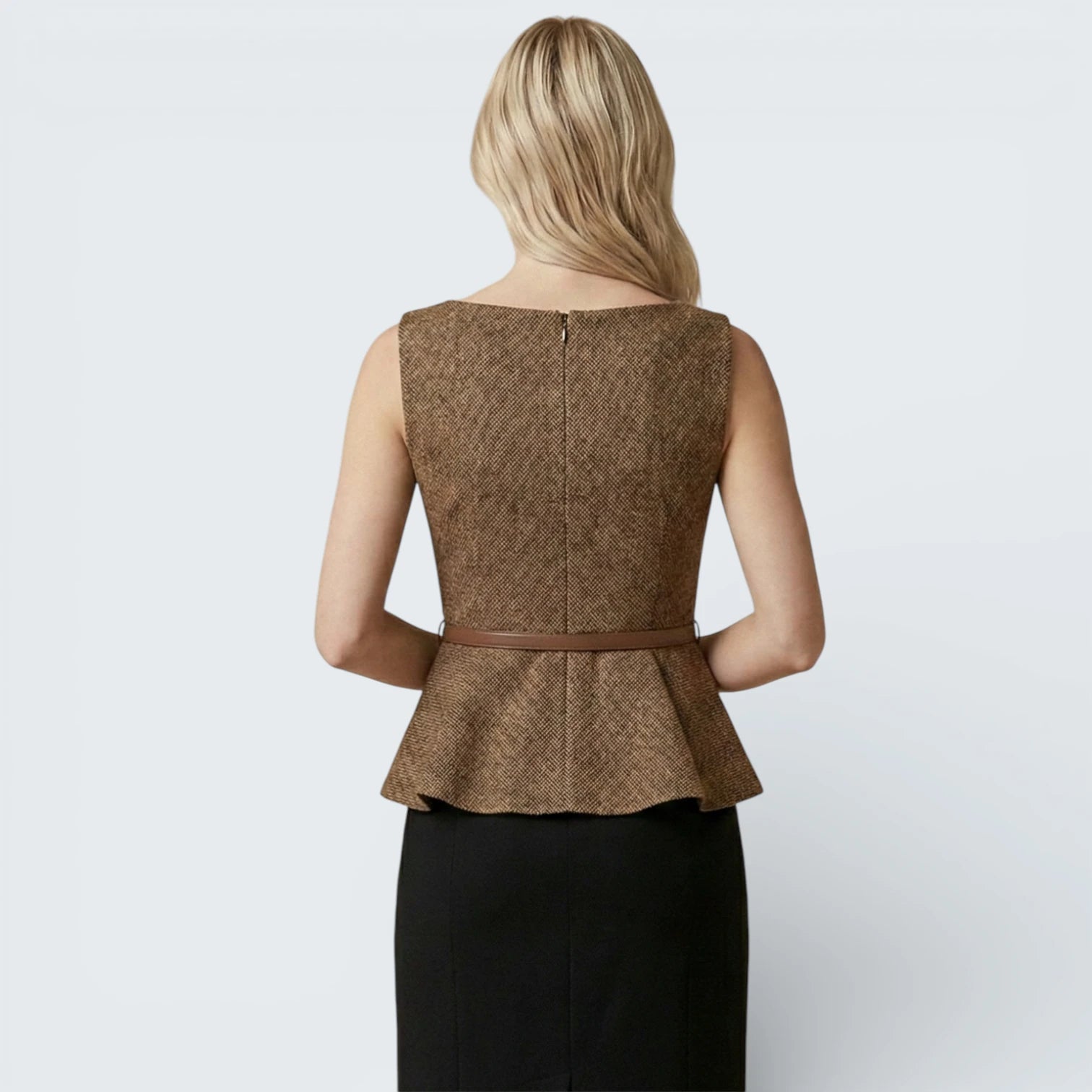 Top Peplum Structuré Effet Tweed - Blouse Élégante avec Ceinture Ajustable