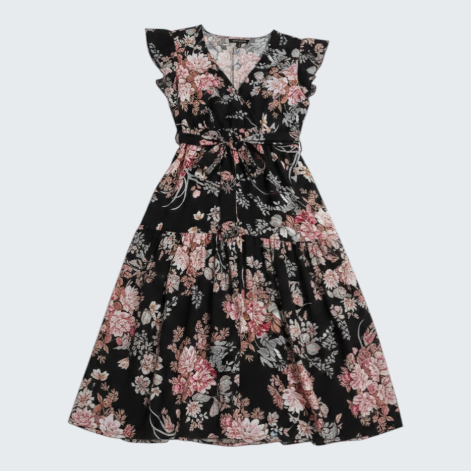 Robe Maxi Bohème à Imprimé Floral Sombre - Robe Longue Étagée avec Décolleté en V