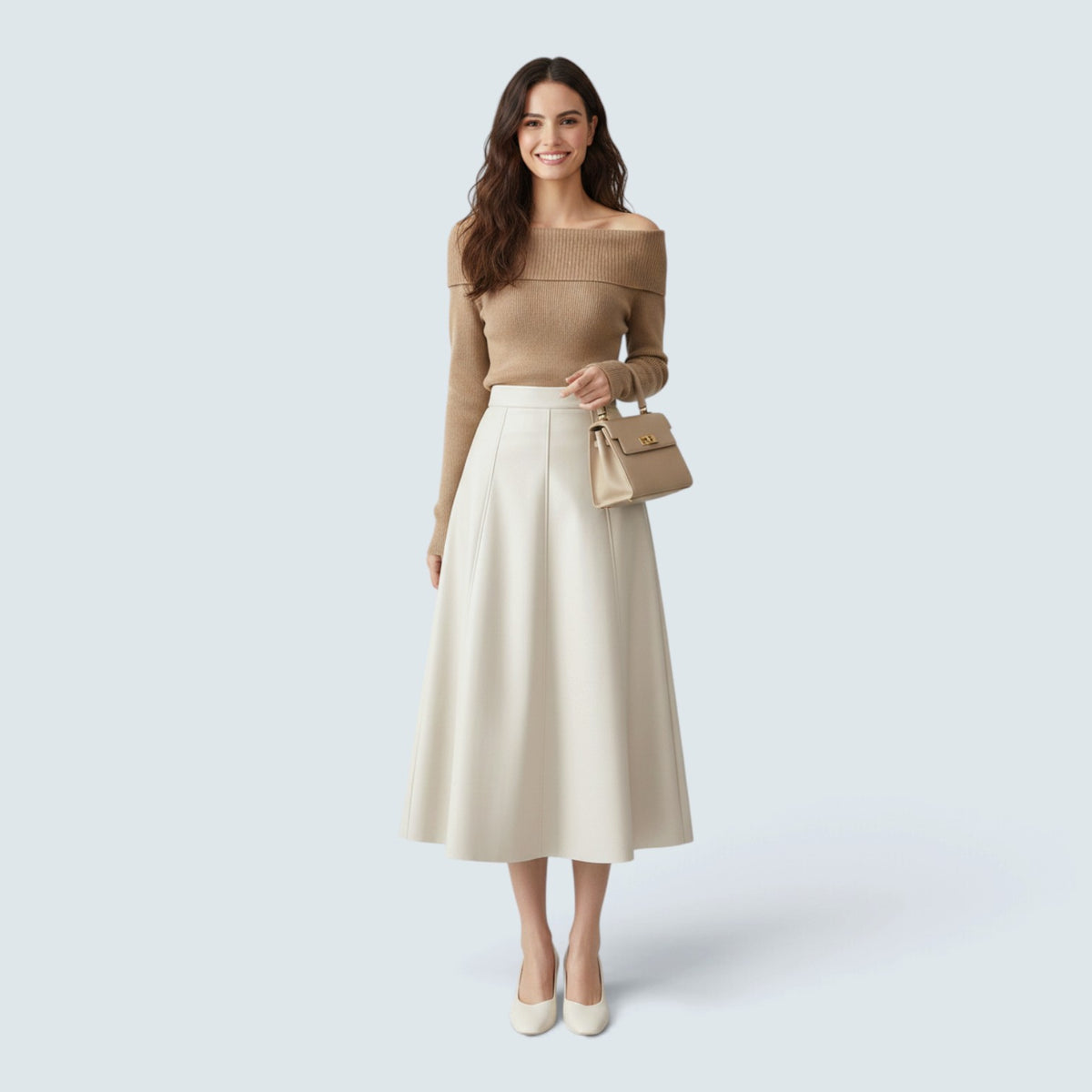 Jupe Midi Effet Cuir Taille Haute – Coupe Évasée Élégante