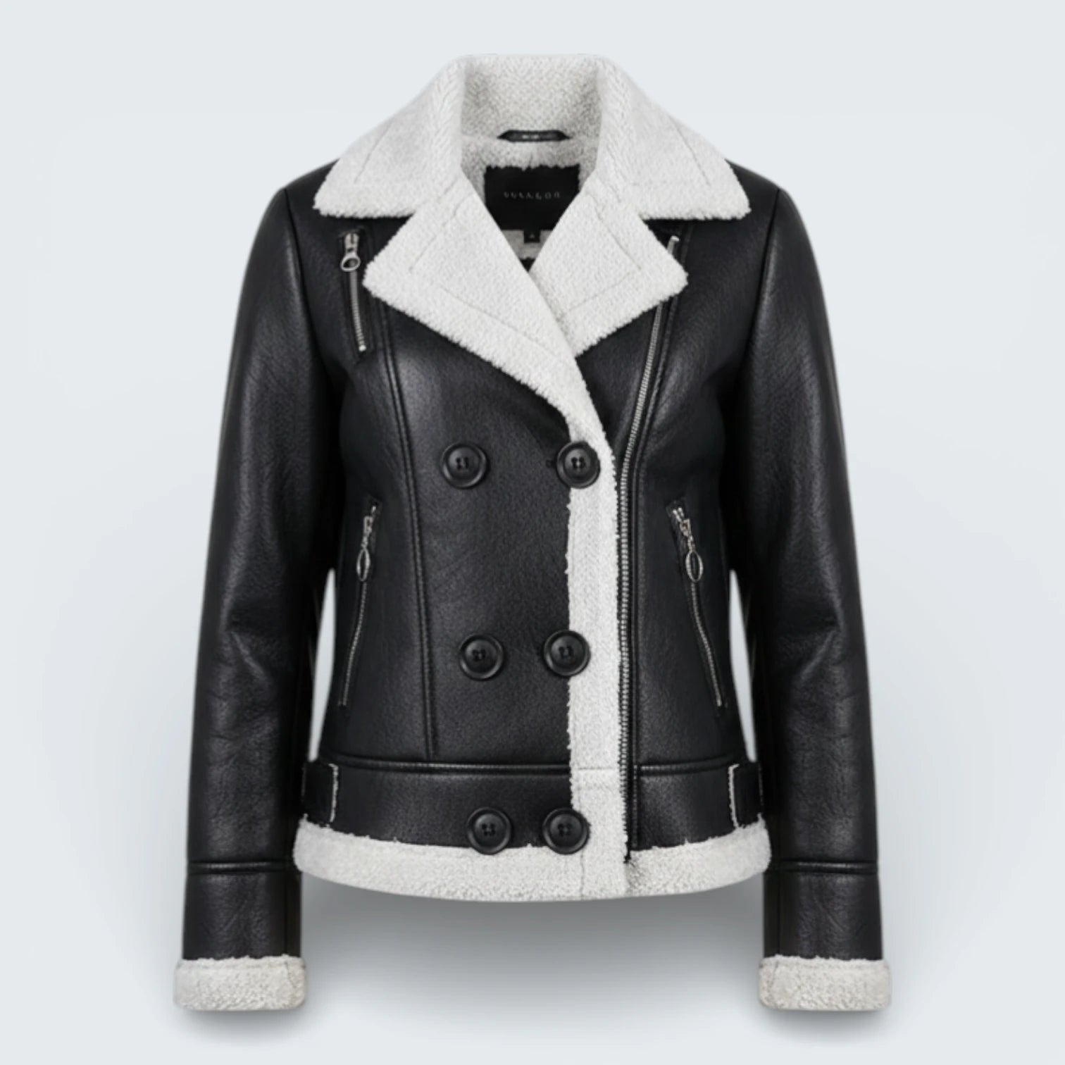 Blouson Aviateur Effet Cuir et Moumoute - Veste Biker Chaude avec Col à Boucle