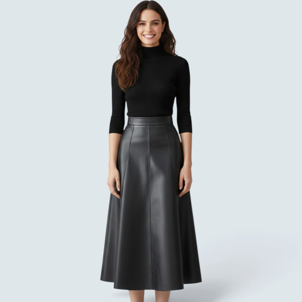 Jupe Midi Effet Cuir Taille Haute – Coupe Évasée Élégante
