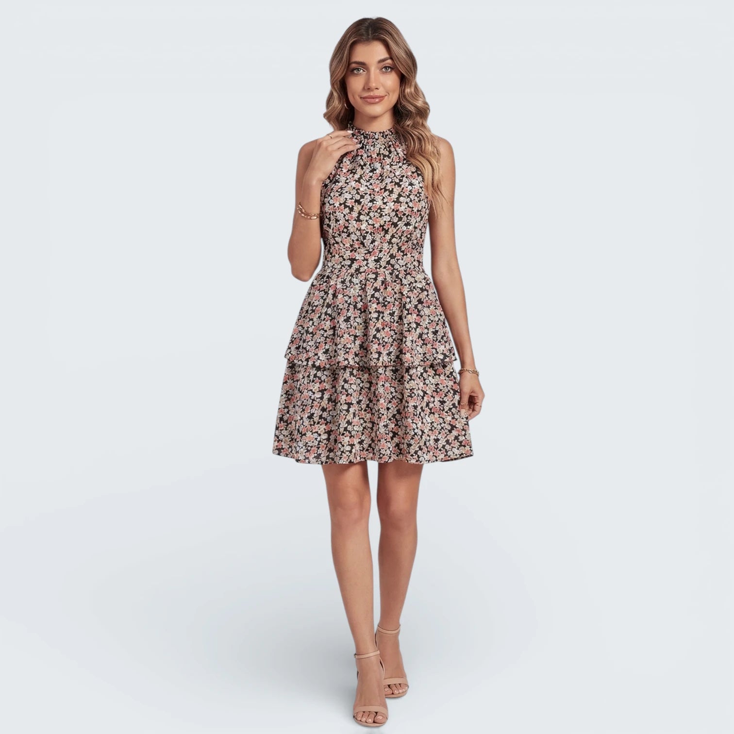 Robe Courte Fleurie à Col Halter - Robe d'Été Évasée avec Volants