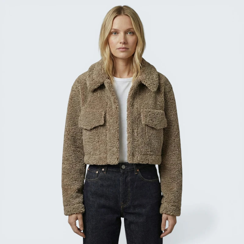 Veste Courte en Moumoute Style Chemise - Blouson Teddy Douillet à Poches Poitrine