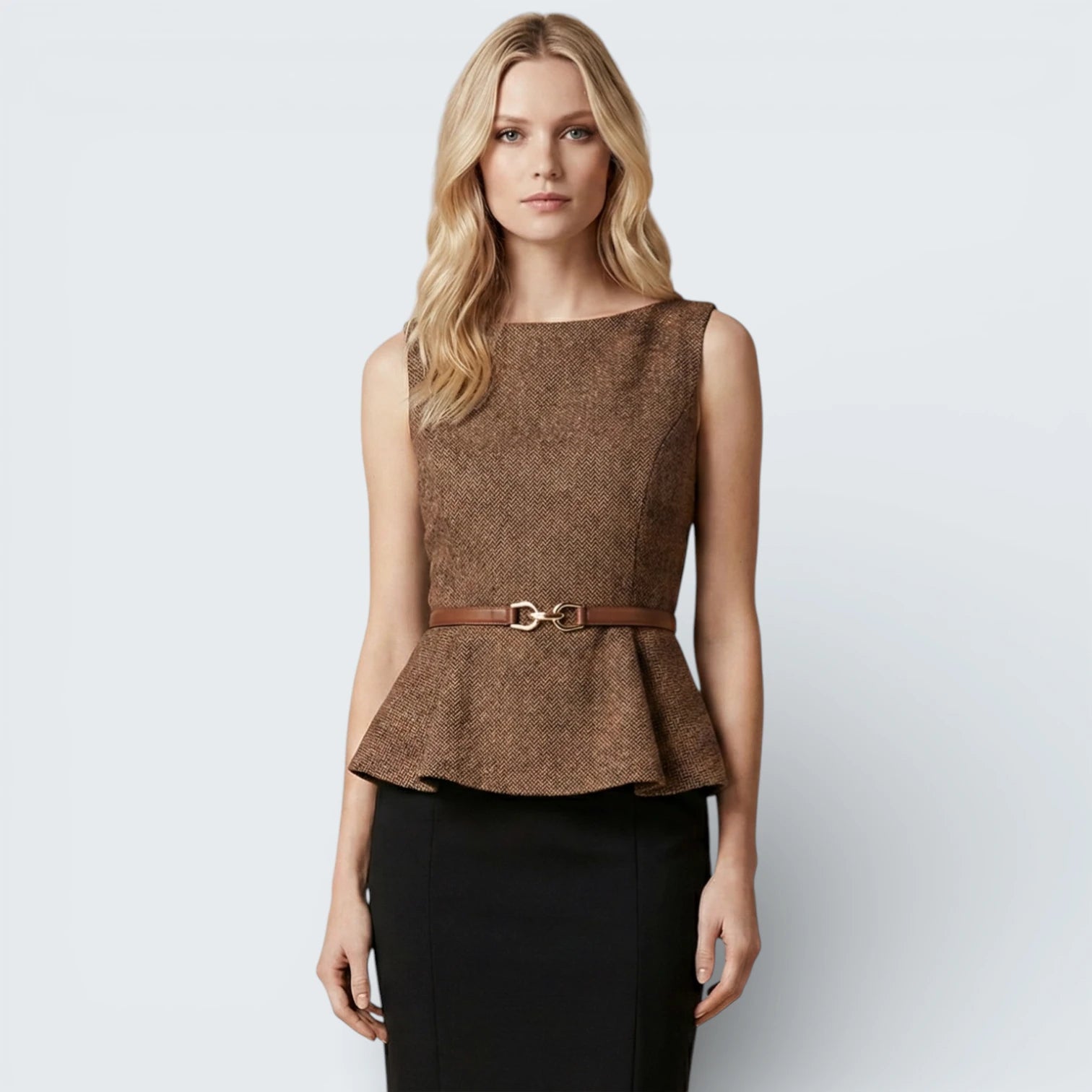 Top Peplum Structuré Effet Tweed - Blouse Élégante avec Ceinture Ajustable
