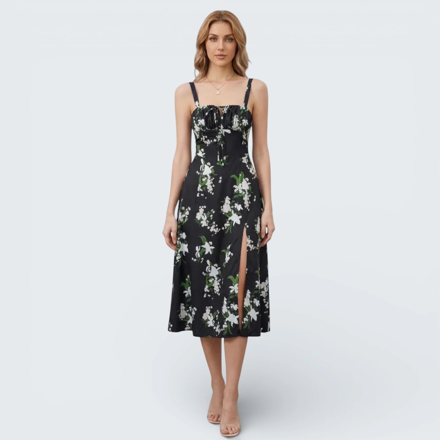 Robe Midi Fleurie Style Corset - Robe d'Été Romantique avec Fente Latérale
