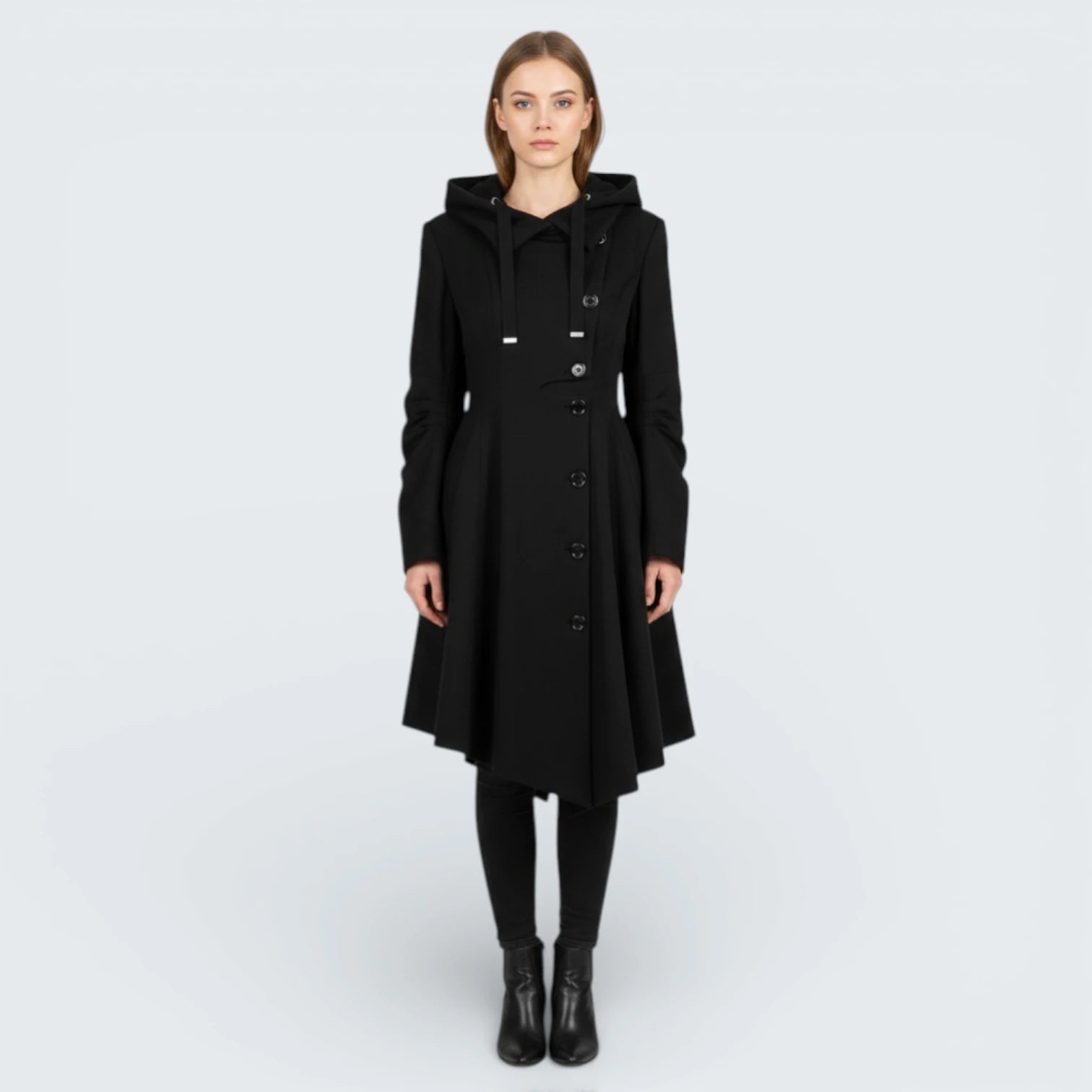 Manteau Asymétrique "Fit & Flare" à Col Montant - Manteau Évasé Élégant avec Capuche