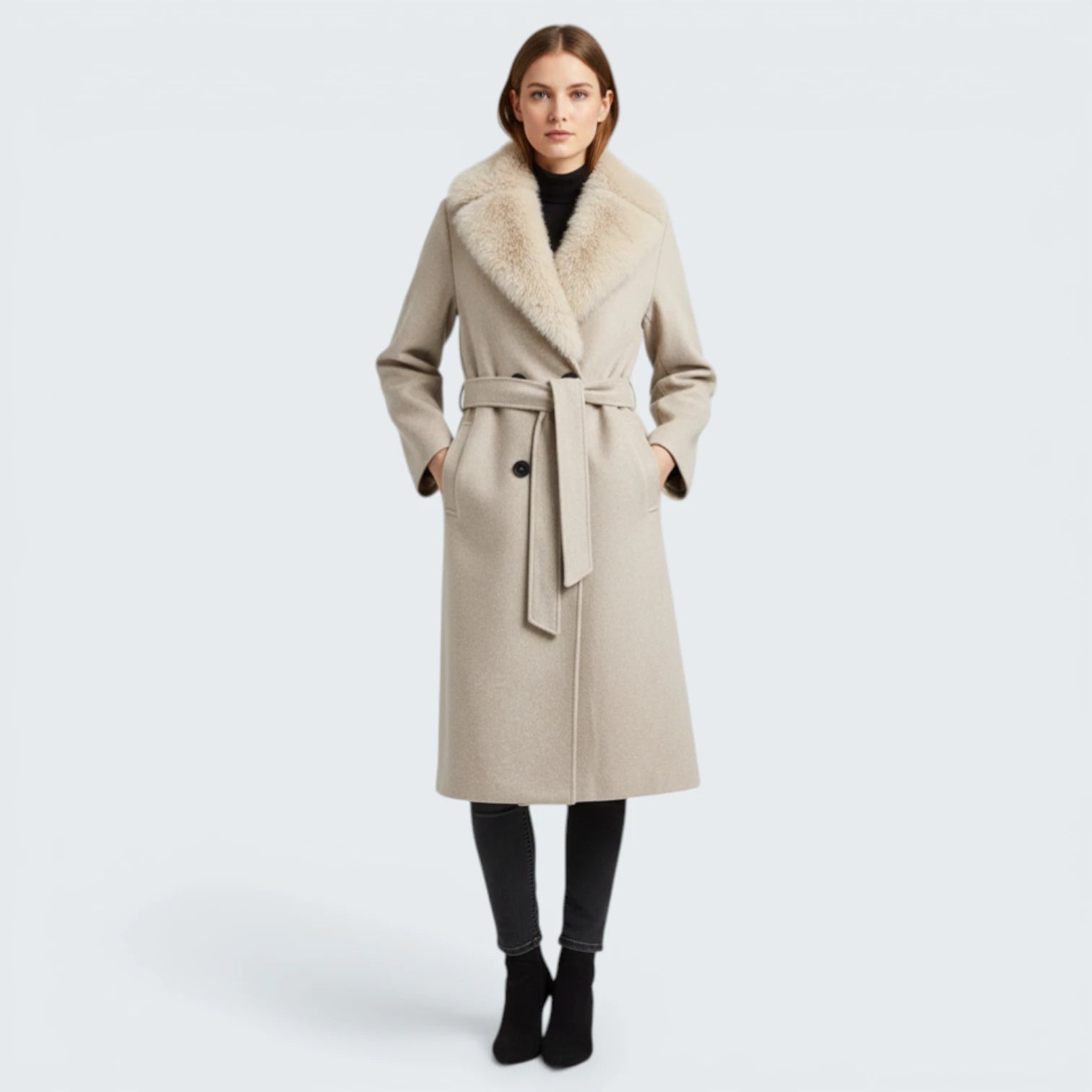 Manteau Long Élégant Effet Laine - Veste Chic avec Col en Fourrure Synthétique