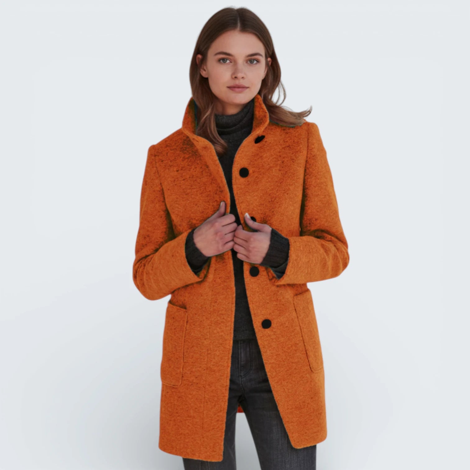 Manteau Midi Effet Laine avec Col Montant - Caban Élégant aux Boutons Contrastés