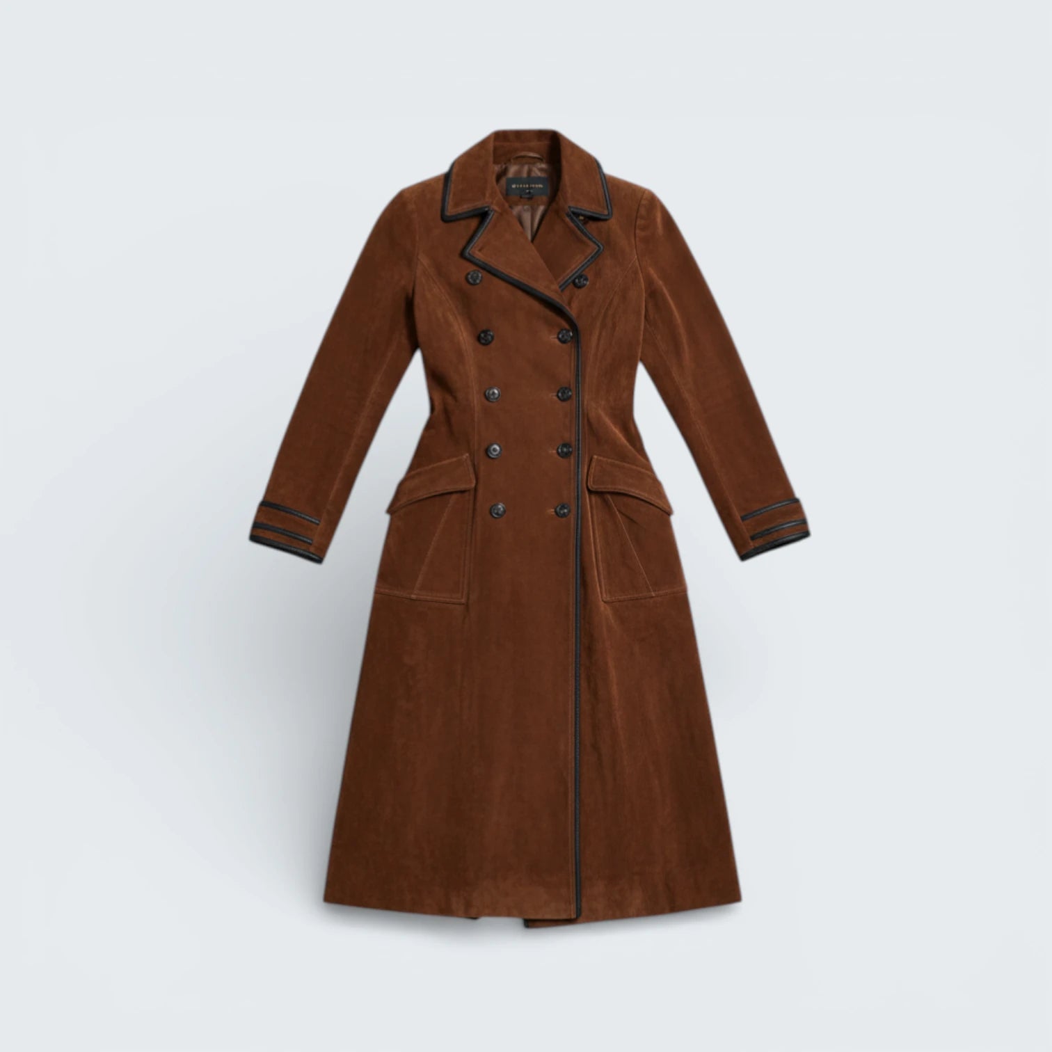 Trench-Coat Long Effet Daim avec Liserés Contrastants - Gabardine Élégante à Double Boutonnage