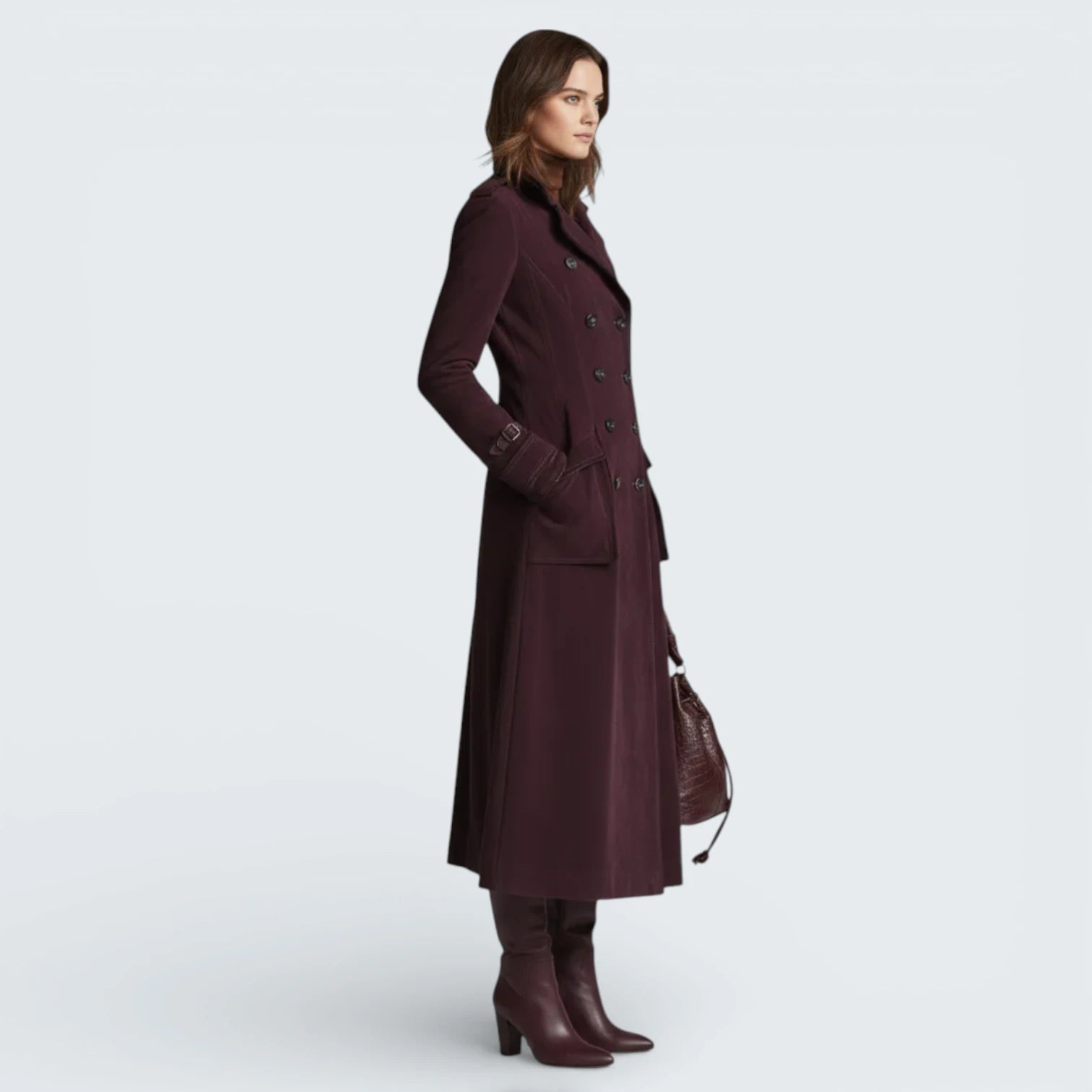 Trench-Coat Long Effet Daim avec Liserés Contrastants - Gabardine Élégante à Double Boutonnage