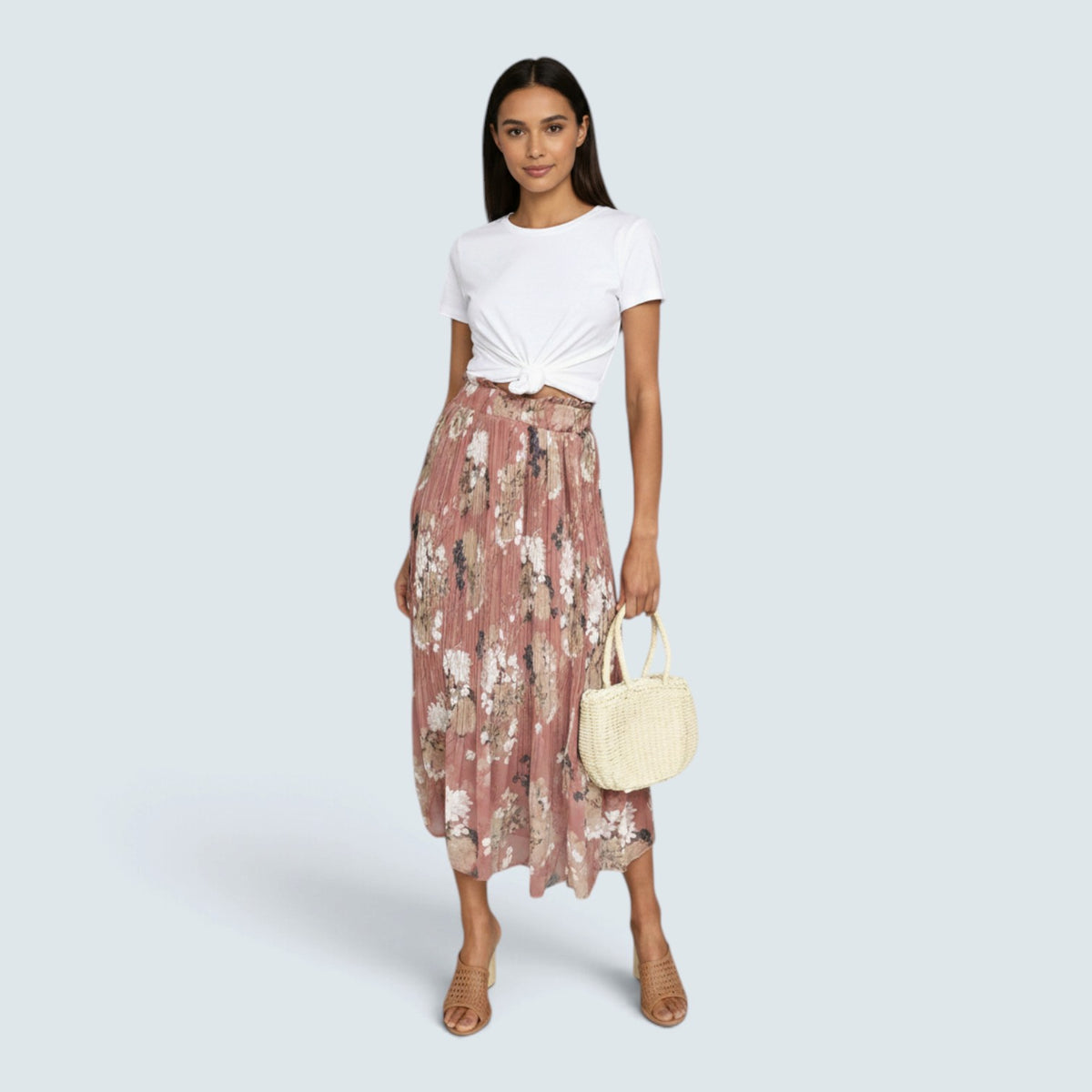 Jupe Midi Plissée à Imprimé Floral – Taille Élastique et Style Bohème