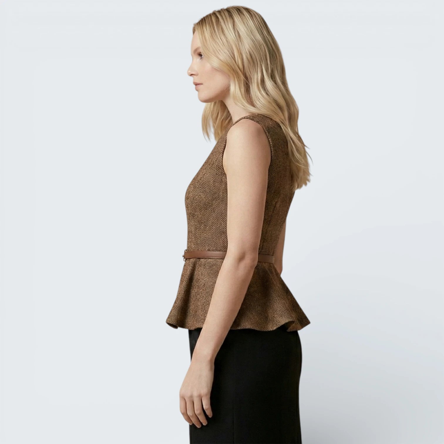 Top Peplum Structuré Effet Tweed - Blouse Élégante avec Ceinture Ajustable