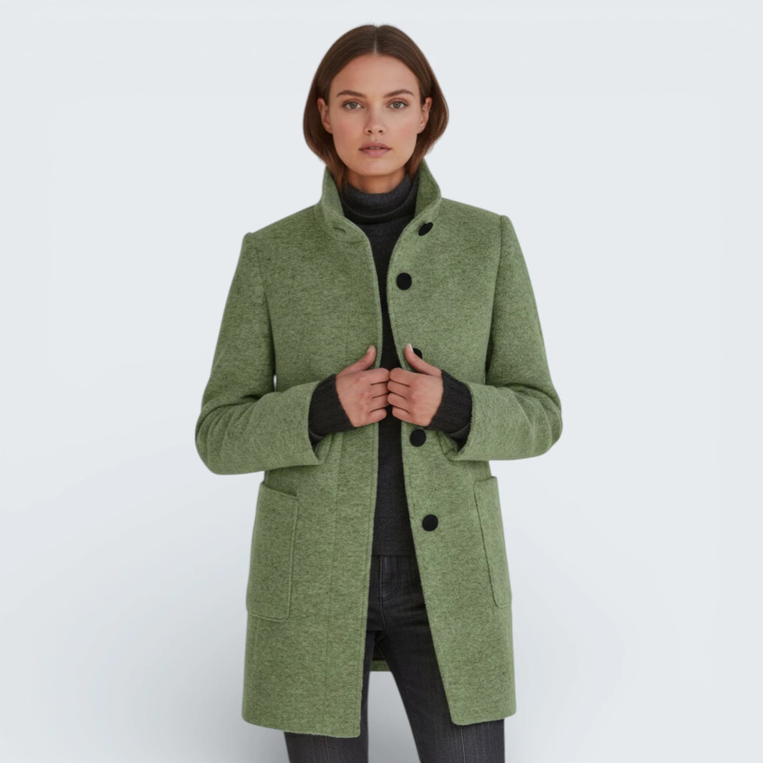 Manteau Midi Effet Laine avec Col Montant - Caban Élégant aux Boutons Contrastés