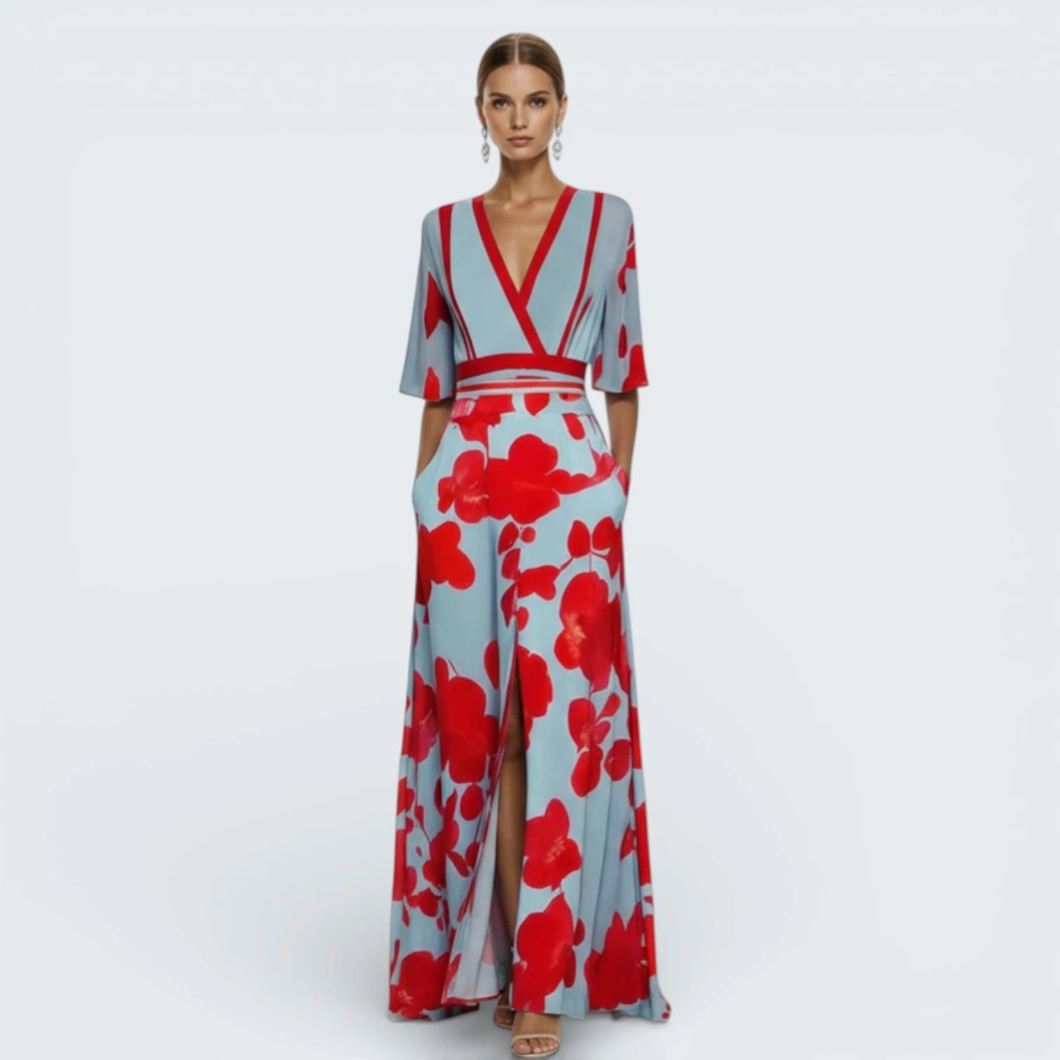 Robe Longue Portefeuille Imprimé Artistique - Robe Bohème Chic à Manches 3/4