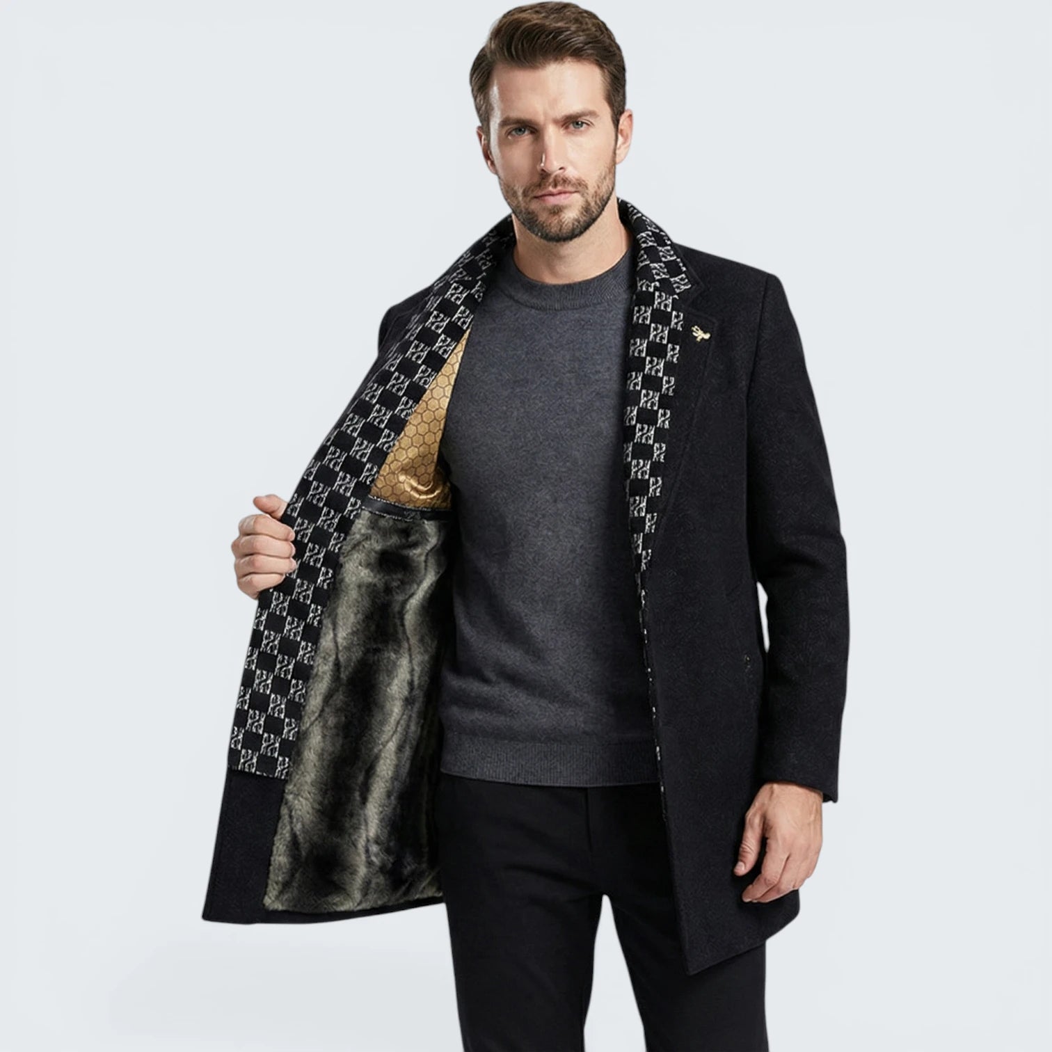 Manteau Exécutif en Laine Supérieure – Doublure Velours de Vison au Col et Corps