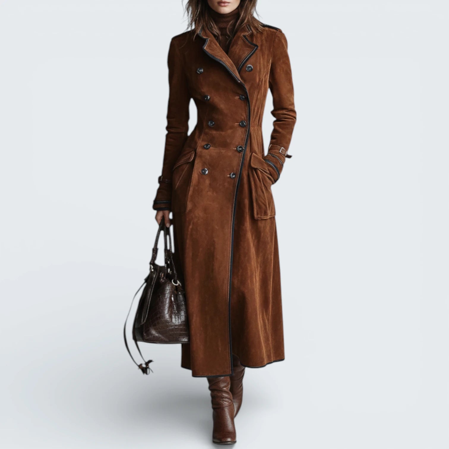 Trench-Coat Long Effet Daim avec Liserés Contrastants - Gabardine Élégante à Double Boutonnage