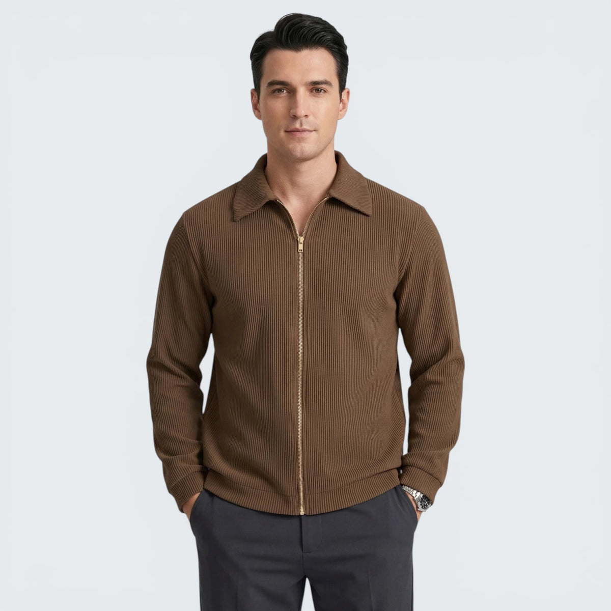 Veste Légère Texturée à Rayures Verticales – Col Polo et Fermeture Éclair