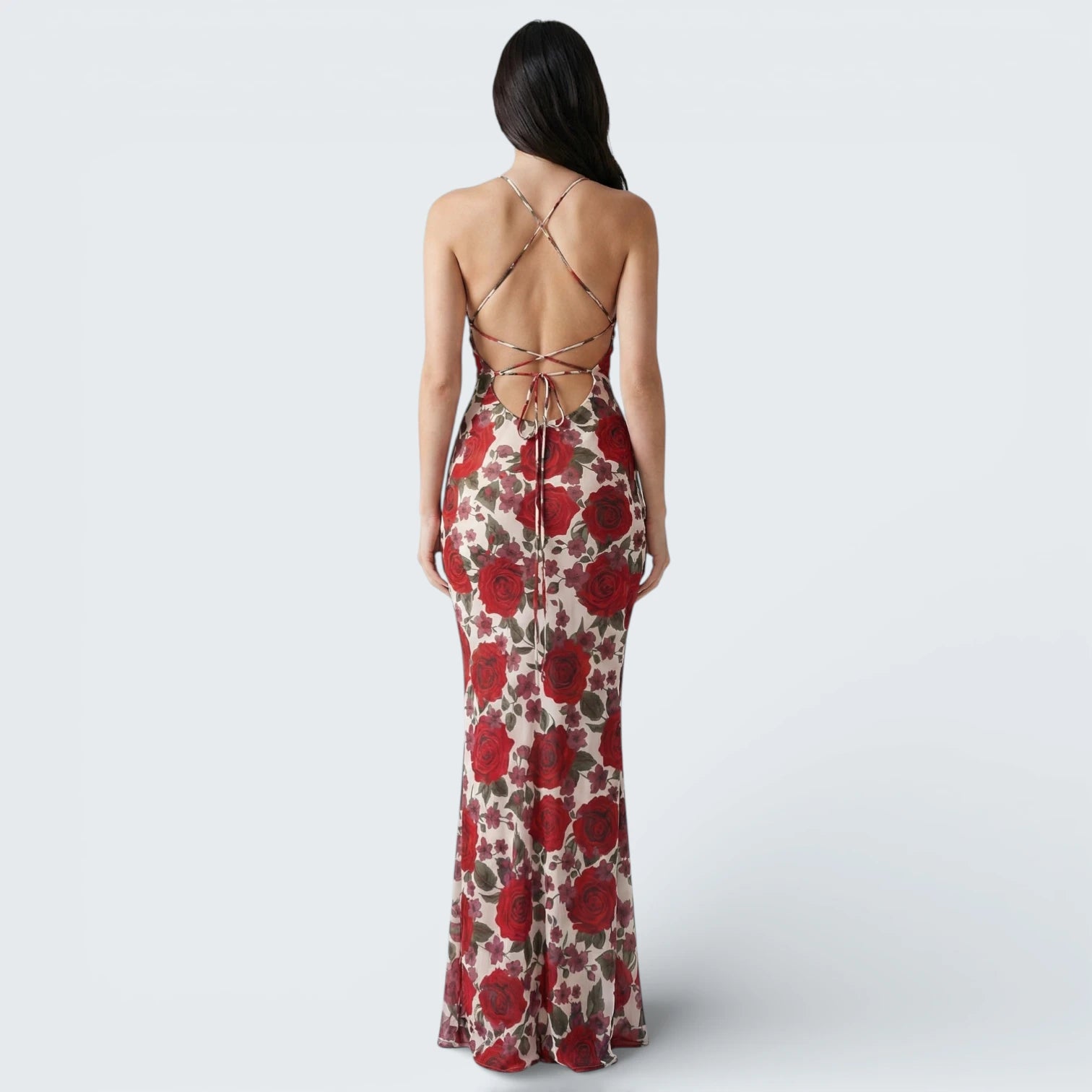 Robe Longue Fleurie à Roses Rouges - Robe de Soirée Dos Nu Croisé