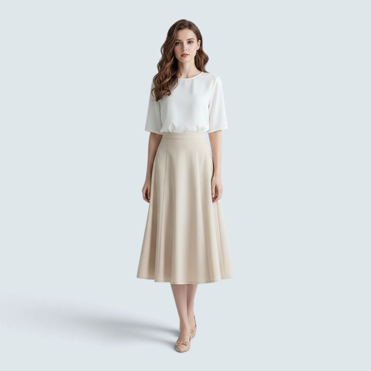 Jupe Midi Évasée à Panneaux – Taille Haute et Style Minimaliste